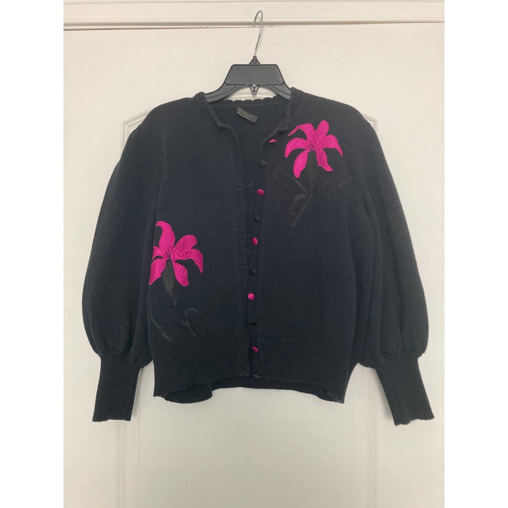VINTAGE Lace Original Designer Knitwear, Black Sweater Purple Flower Details